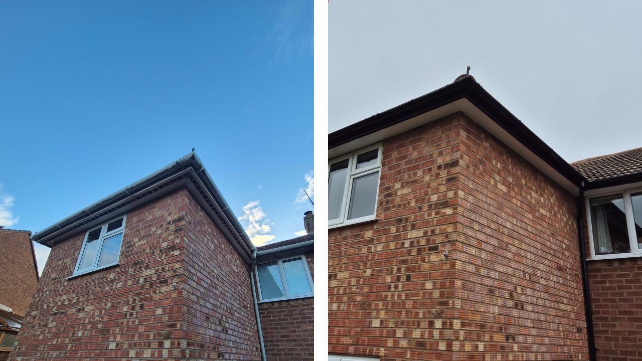 Before and after — gutter cleared of heavy moss and weeds