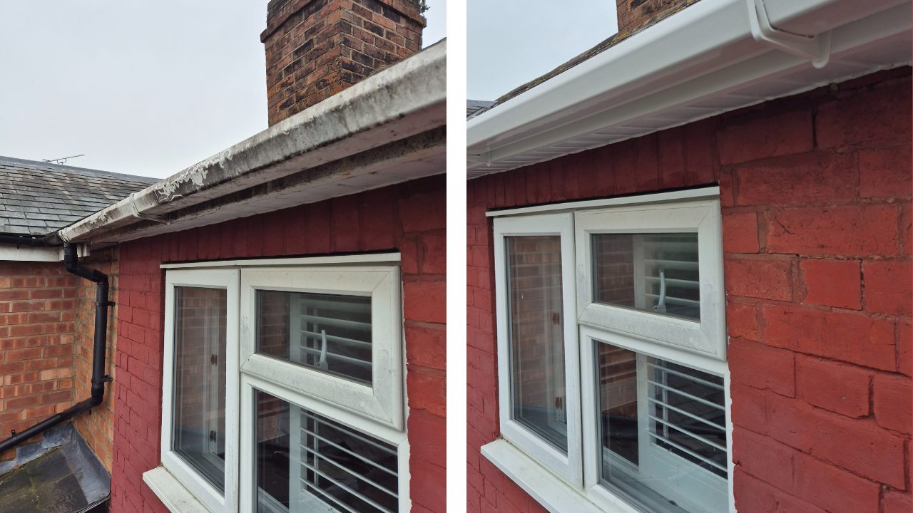 Before and after — fascia and soffit replaced on a red-brick property